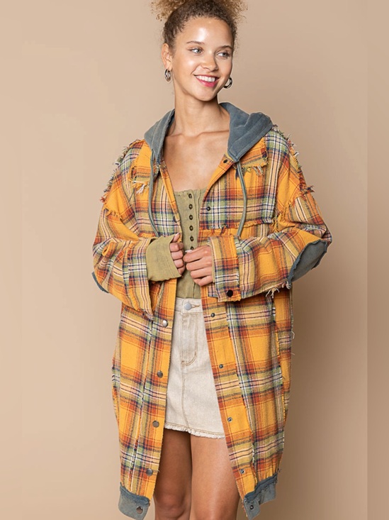 POL Jackets & Blazers - POL Yellow Plaid Flannel Hooded Utility Shacket Shirt M L XL